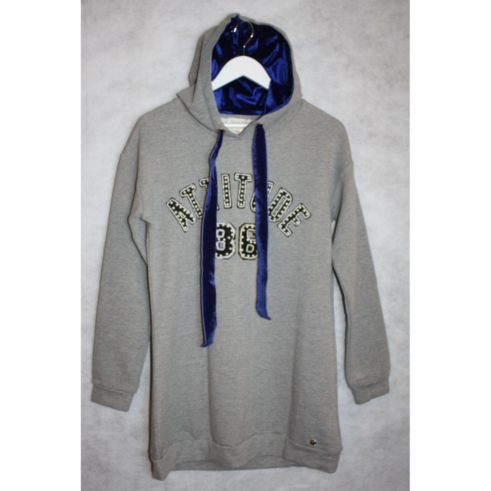 Fracomina Long Lightmegy Sweater Tunic Size Large Grey Royal Blue Velvet Hoodie